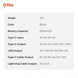 Olike P12 PowerBank Nano 9000mAh with Built-in Cable 20W LED Display