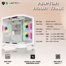 Casing Gaming RAPTOR AQUA TANK M-ATX/M-ITX + USB 3.0 - Free 3 Fan 12cm - Putih