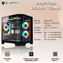 Casing Gaming RAPTOR AQUA TANK M-ATX/M-ITX + USB 3.0 - Free 3 Fan 12cm - Hitam