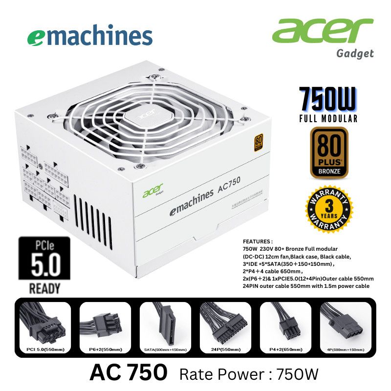 Power Supply PSU Gaming 750W White 80+ Bronze eMachine Full Modular PCIE5 - 750W W