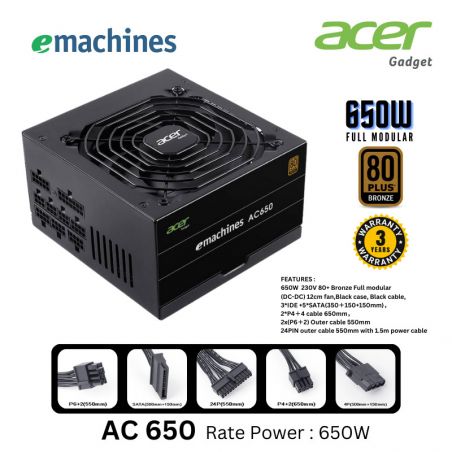 Power Supply PSU Gaming 650W 80+ Bronze eMachines Acer Full Modular