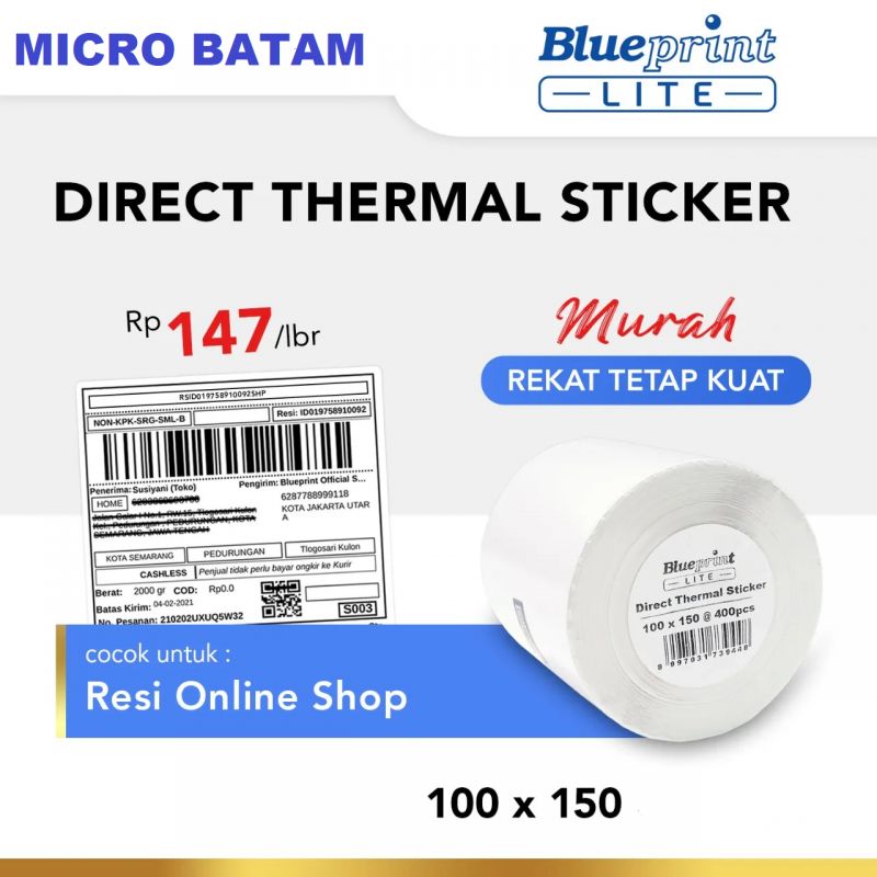 Direct Thermal Sticker Label Resi BLUEPRINT Lite 100x150 mm Isi 500pcs