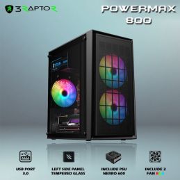 Casing Gaming PC RAPTOR POWERMAX 800 - with PSU NERRO-600 & 2 fan rgb + USB 3.0