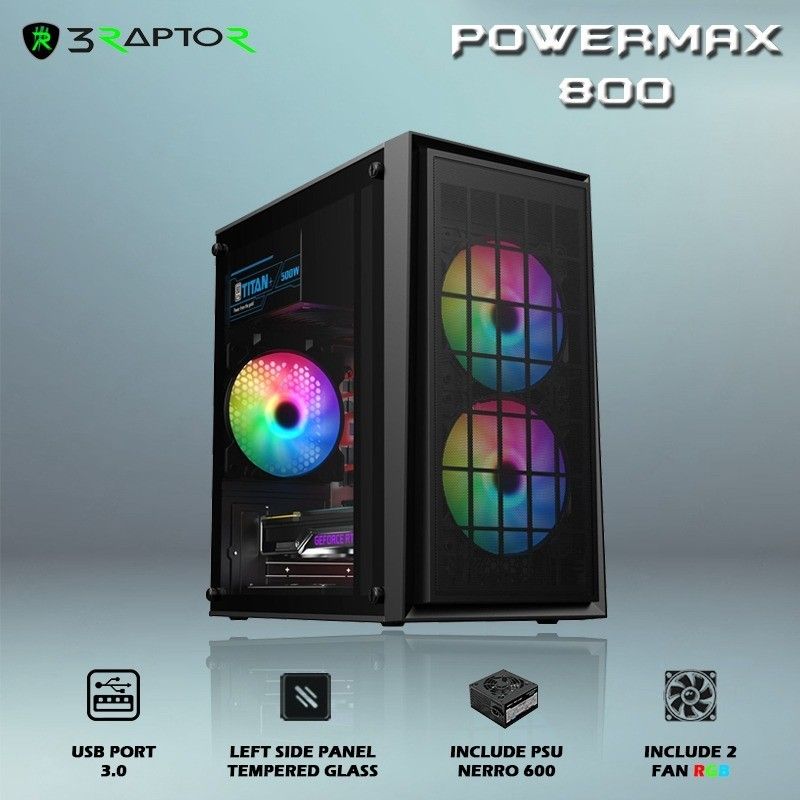 Casing Gaming PC RAPTOR POWERMAX 800 - with PSU NERRO-600 & 2 fan rgb + USB 3.0 Casing Gaming PC RAPTOR POWERMAX 800 - with PSU NERRO-600 & 2 fan rgb + USB 3.0