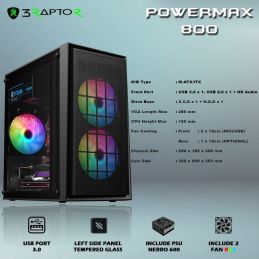 Casing Gaming PC RAPTOR POWERMAX 800 - with PSU NERRO-600 & 2 fan rgb + USB 3.0