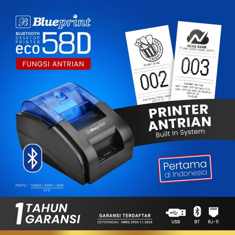 Antrian ECO58D BLUEPRINT ( USB + BT + RJ11 ) Printer Bluetooth Thermal Kasir Struk / Printer Antrian 58mm Antrian ECO58D BLUEPRINT ( USB + BT + RJ11 ) Printer Bluetooth Thermal Kasir Struk / Printer Antrian 58mm