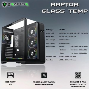 CASING RAPTOR GLASS TEMP INCLUDE 3 FAN BLACK