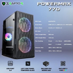 Casing RAPTOR POWERMAX 770 - with PSU NERRO-600 & 2 FAN RGB + USB 3.0