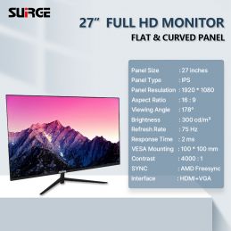 MONITOR SURGE 27 INCH GAMING 1ms FHD IPS 165HZ RGB FLAT BLACK 